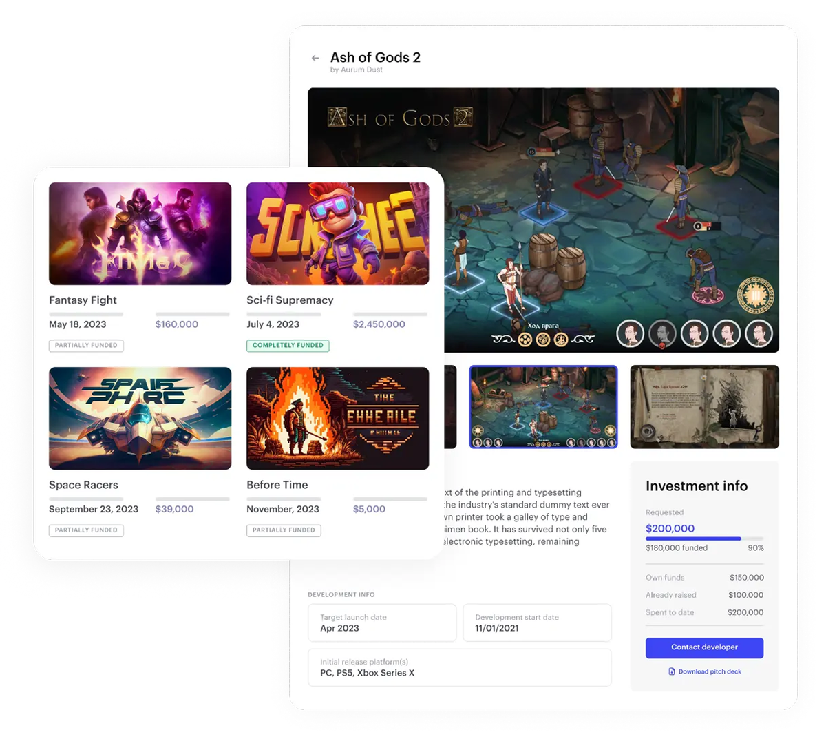 Xsolla Game Investment Platform — game project cards and investment details